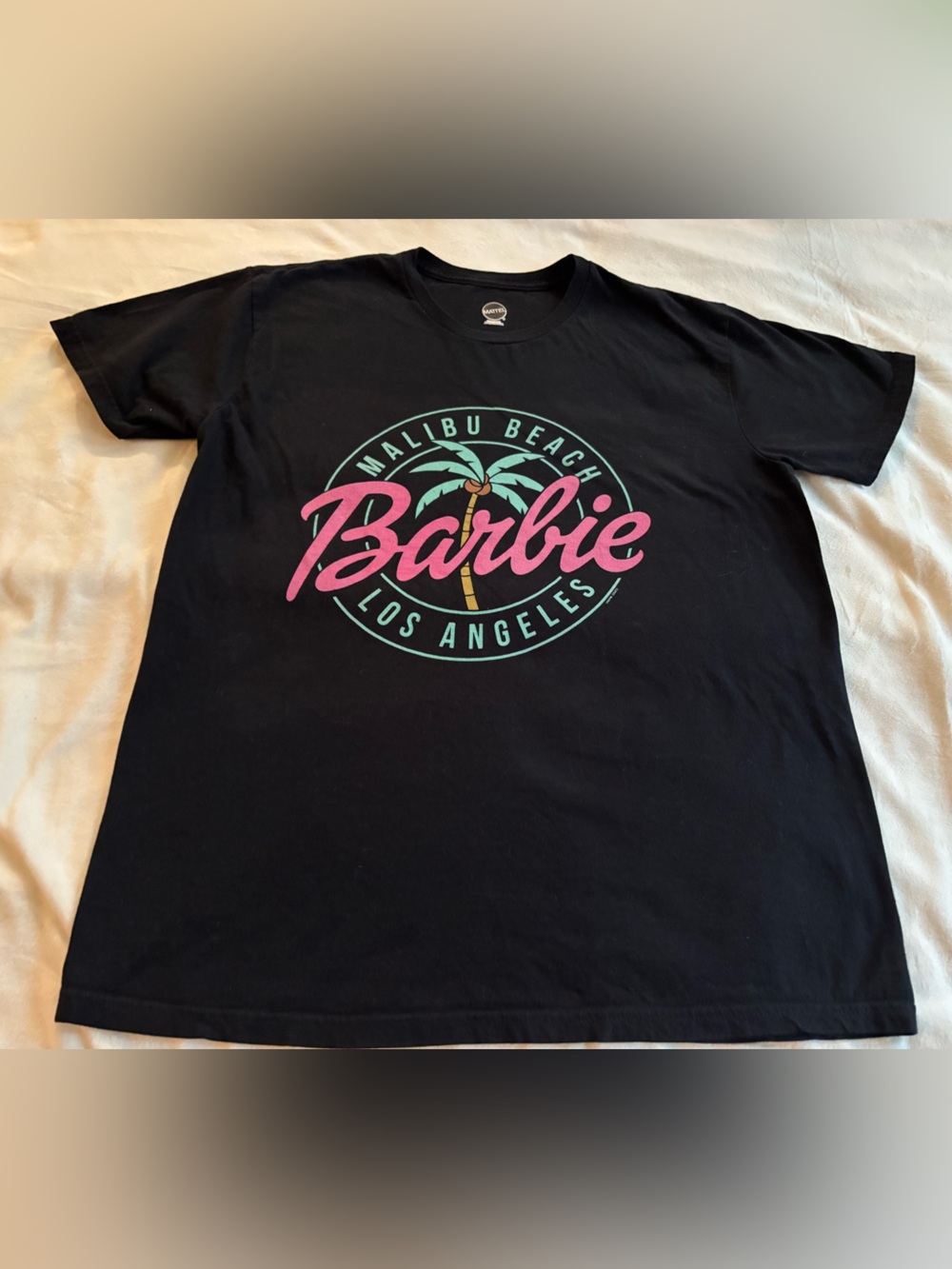Mattel Barbie Malibu Beach Los Angeles Black Tee with Pink & Teal Graphic
